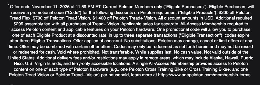 Peloton Tread promo code email showing member pricing for Tread Flex, Tread Vision and Tread+ Vision