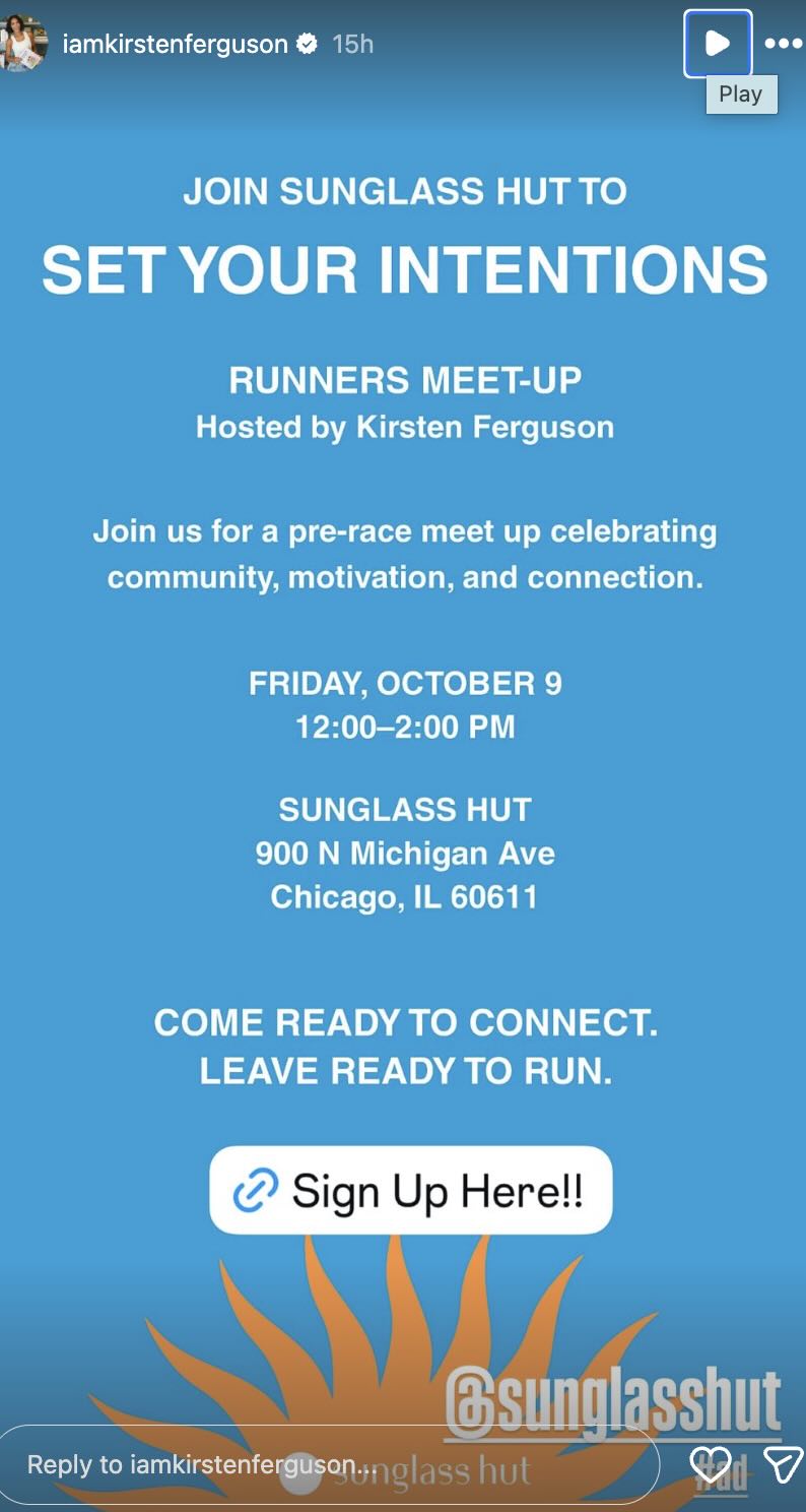 Kirsten Ferguson Sunglass Hut meet-up graphic announcing the Set Your Intentions runners event in Chicago.