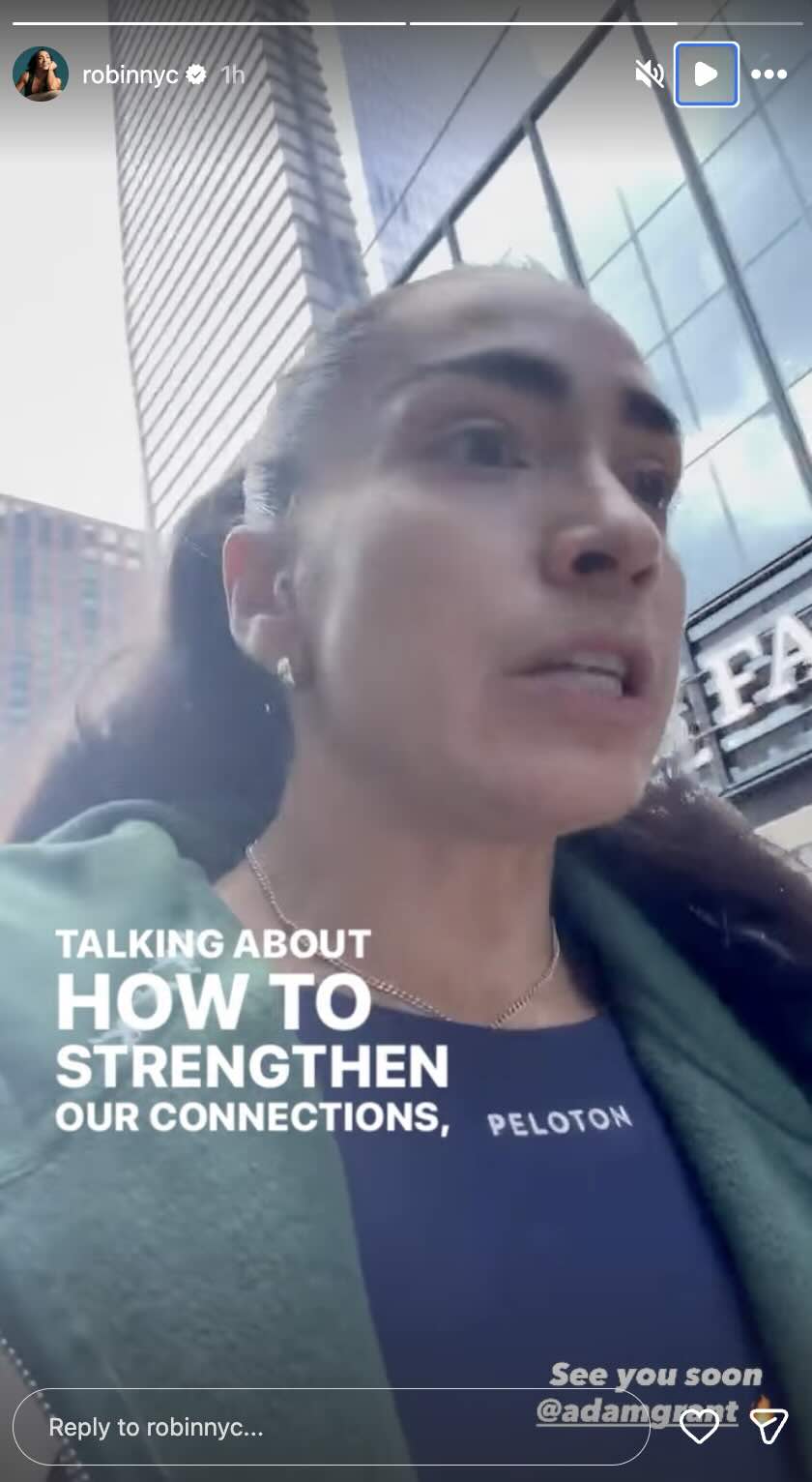Robin Arzon in an Instagram Story previewing the Adam Grant Peloton class about his book Vibe