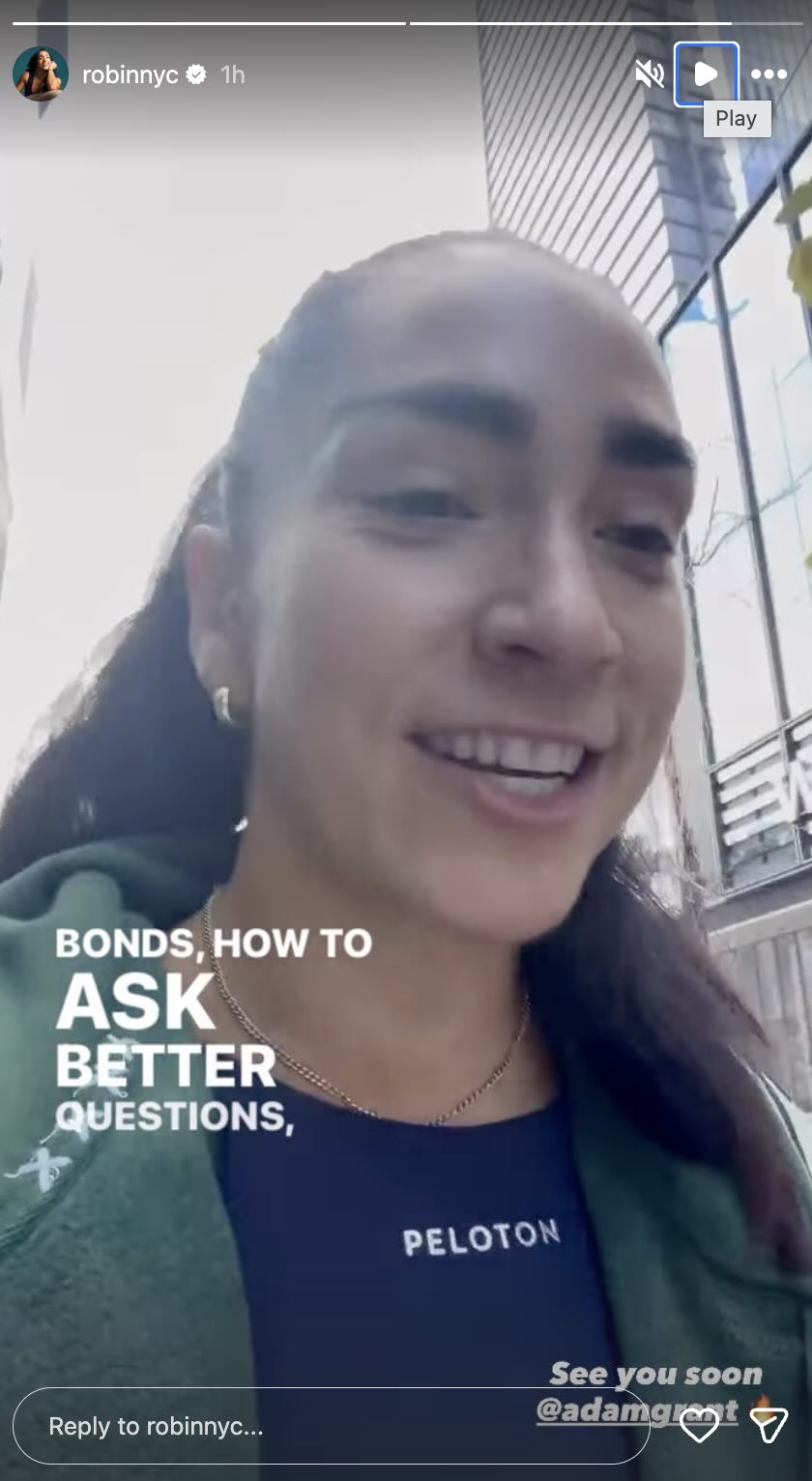 Robin Arzon in an Instagram Story previewing the Adam Grant Peloton class about his book Vibe