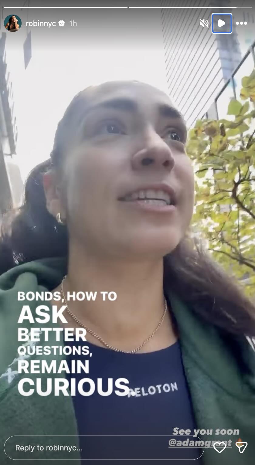 Robin Arzon in an Instagram Story previewing the Adam Grant Peloton class about his book Vibe