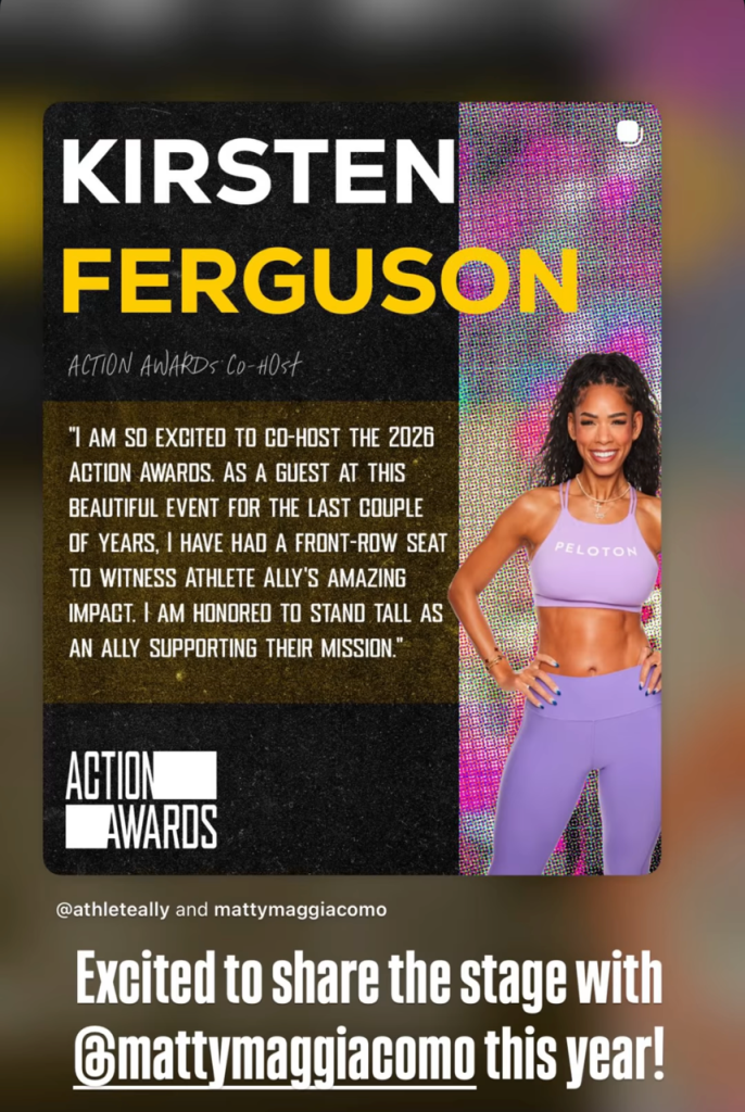 Athlete Ally Action Awards co-host Kirsten Ferguson in lavender Peloton apparel beside her hosting quote