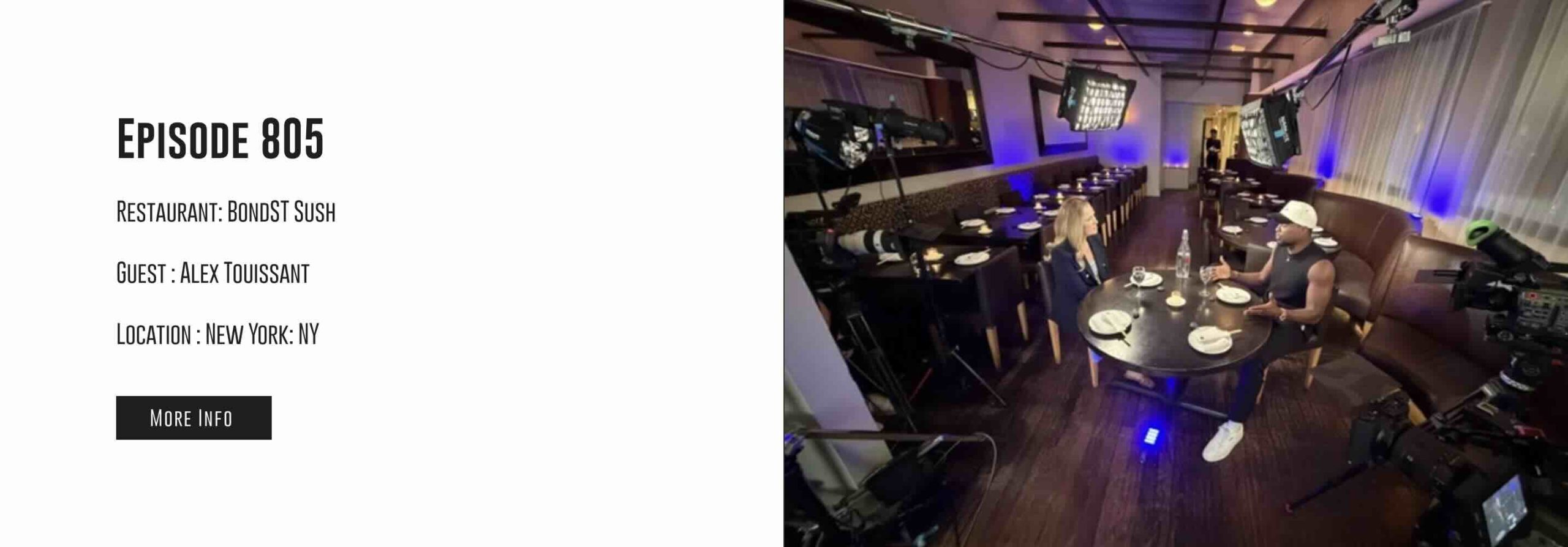 Alex Toussaint To Dine For episode scene with Alex and host Kate Sullivan at a BondST table