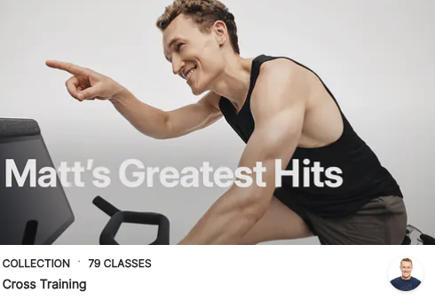 Matt Wilpers Greatest Hits Collection showing Top Rows and Top Runs class tiles on Peloton