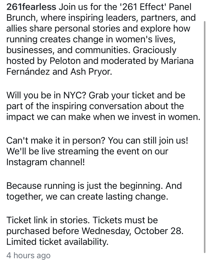 261 Fearless Brunch Instagram announcement for the 261 Effect panel moderated by Mariana Fernández and Ash Pryor