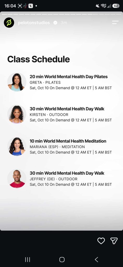 Peloton World Mental Health Day 2026 schedule