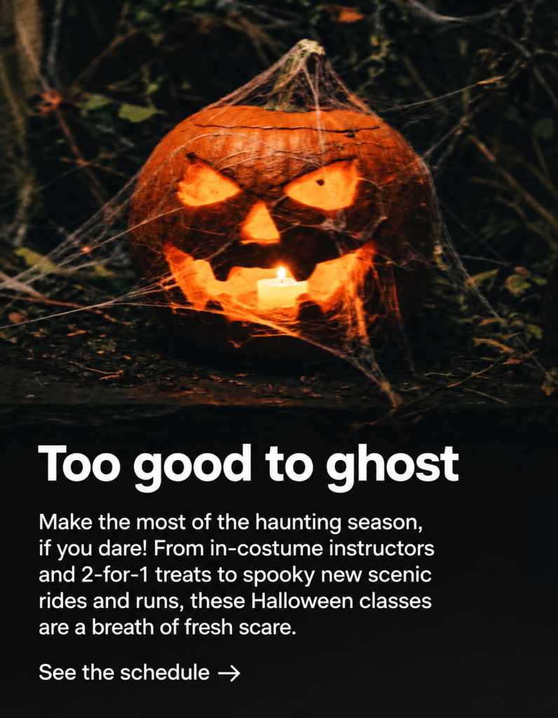 Peloton Halloween classes 2026 promo with a carved jack-o’-lantern and the line Too good to ghost
