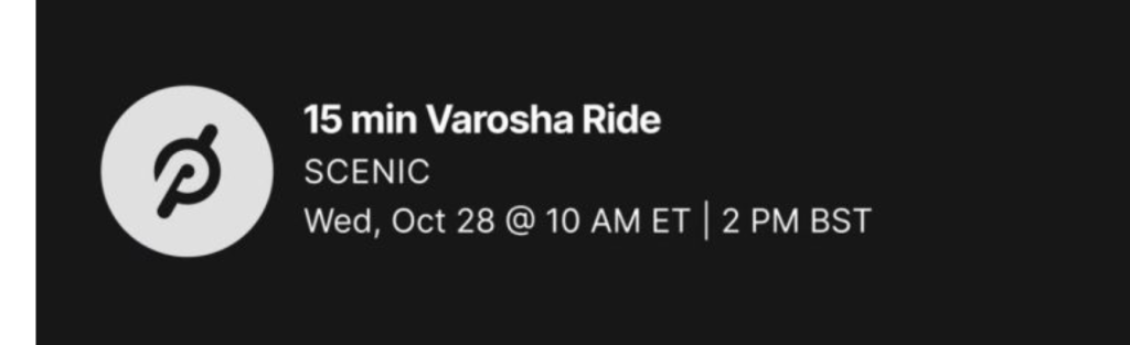 Peloton Varosha Ride schedule listing for Wednesday, October 28 at 10 AM ET